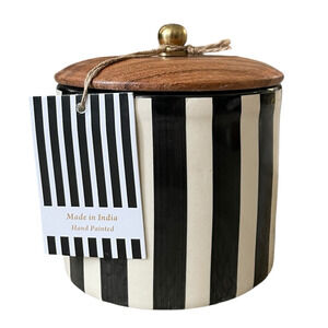 Hand Painted Striped Ceramic Canister w/ Wood Lid Made in India Black Cream NEW